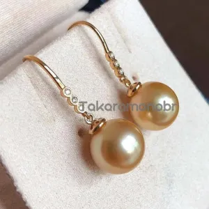 Articulated Tapered Diamond and French Hook Pearl Earrings, 10.0-11.0 mm Golden South Sea Pearl