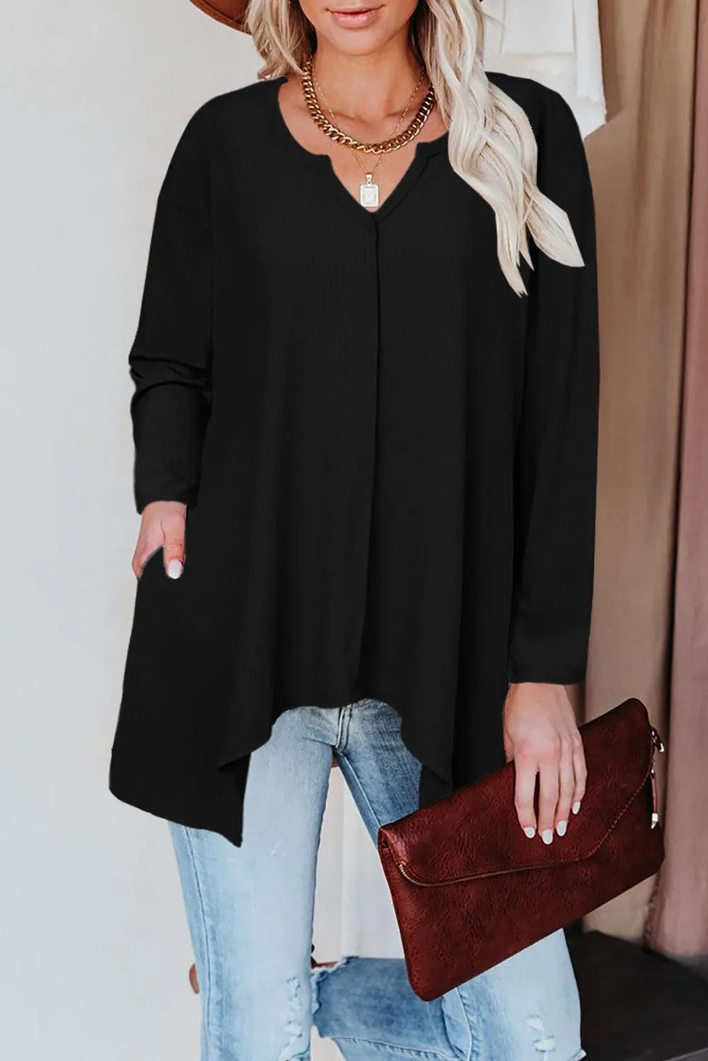 Asymmetric Hemline Long Sleeve Top