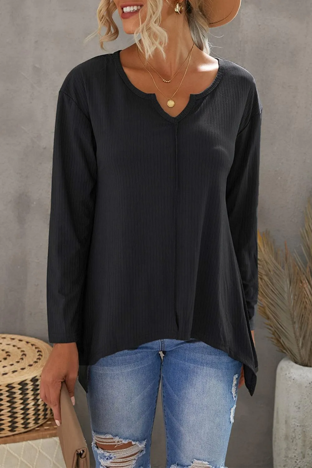 Asymmetric Hemline Long Sleeve Top