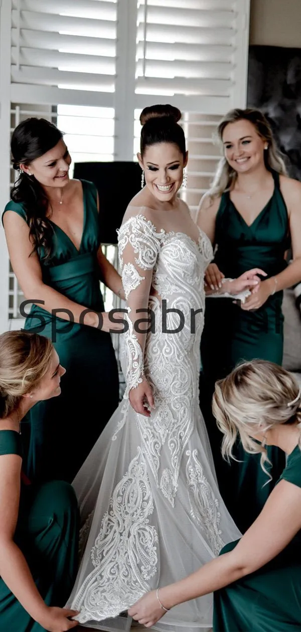 Attractive Long Seeves Mermaid Lace Chic Illusion Beach Long Wedding Dresses WD0544