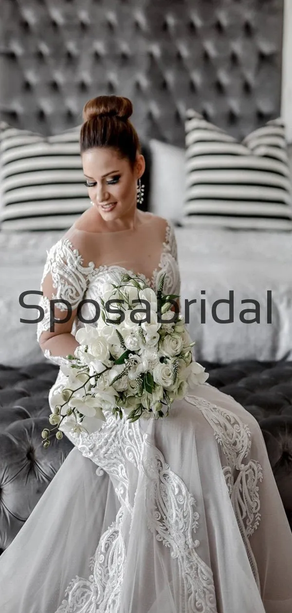 Attractive Long Seeves Mermaid Lace Chic Illusion Beach Long Wedding Dresses WD0544