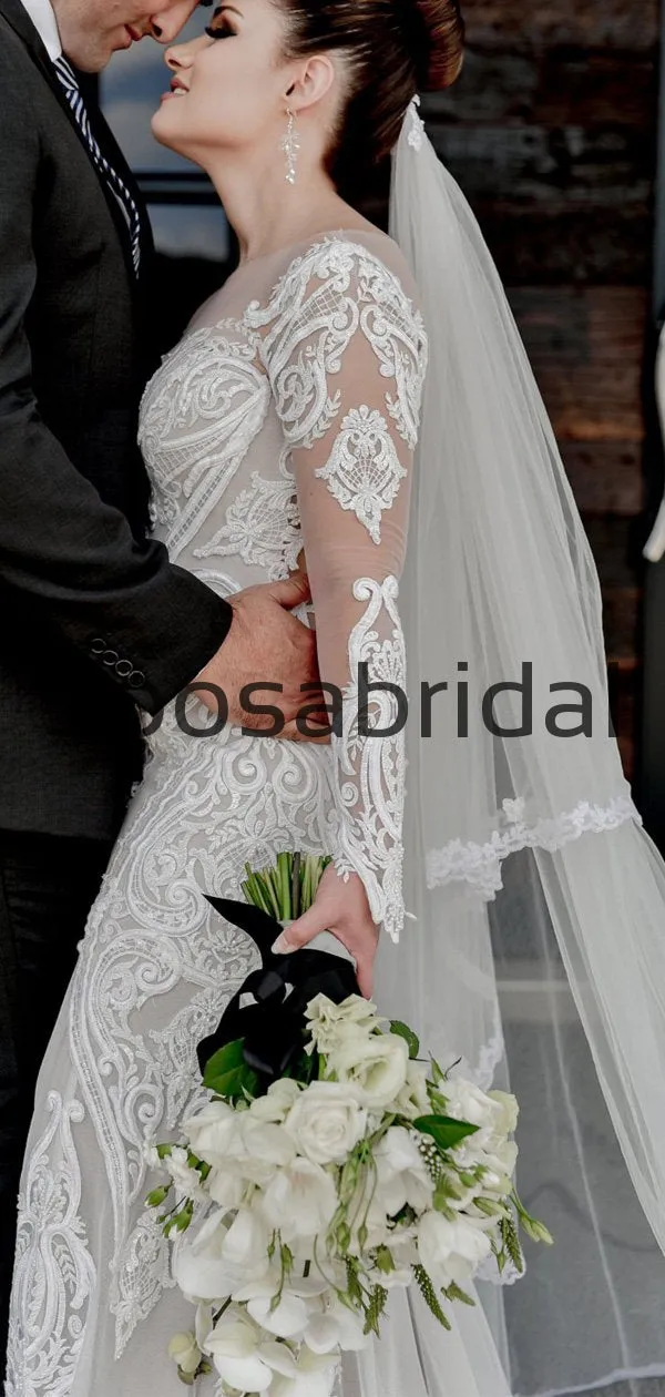 Attractive Long Seeves Mermaid Lace Chic Illusion Beach Long Wedding Dresses WD0544