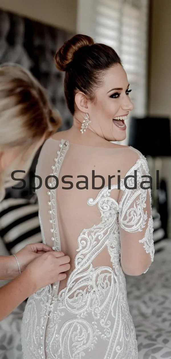 Attractive Long Seeves Mermaid Lace Chic Illusion Beach Long Wedding Dresses WD0544