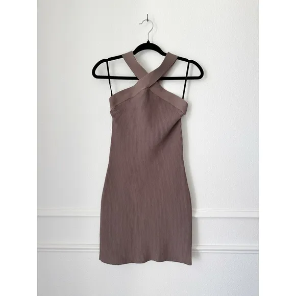 Babaton Scult Knit Crisscross Mini Dress in Deep Taupe sz M