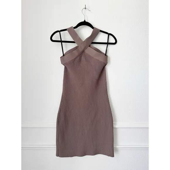 Babaton Scult Knit Crisscross Mini Dress in Deep Taupe sz M