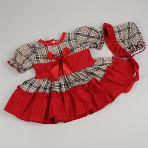 Baby Girl Beige Tartan Dress with Bonnet