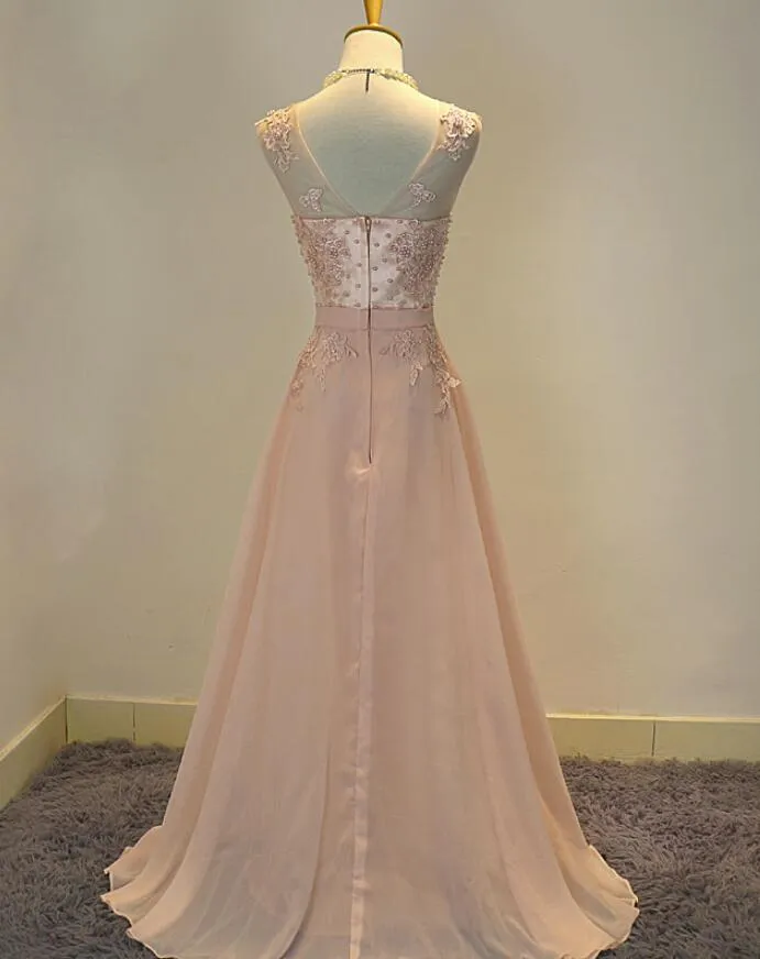 Beautiful Light Pink Chiffon Pearls Long Formal Dress, Handmade Pink Formal Gowns