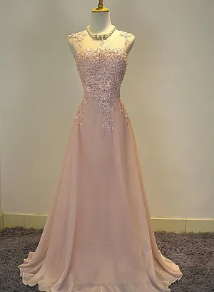 Beautiful Light Pink Chiffon Pearls Long Formal Dress, Handmade Pink Formal Gowns