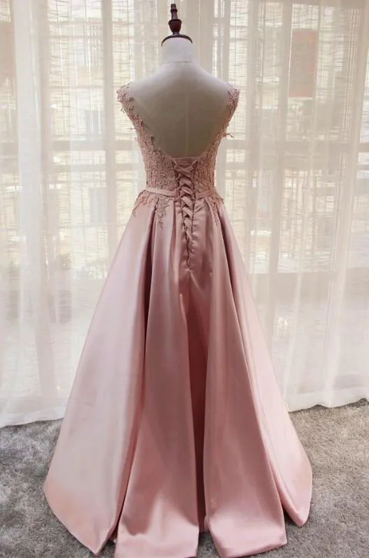 Beautiful Pink Satin V-neckline Party Gown , Handmade Lace Top Fashion Formal Dress