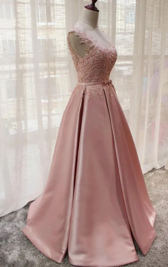 Beautiful Pink Satin V-neckline Party Gown , Handmade Lace Top Fashion Formal Dress