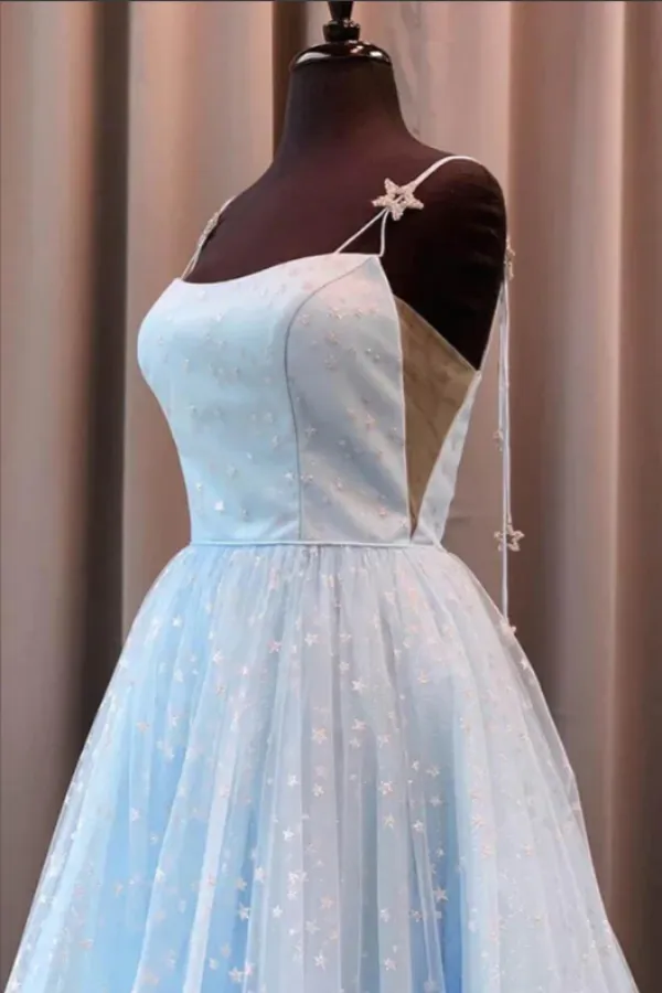 Beautiful Sky Blue Tulle Star A Line Long Prom Dresses, Formal Dresses APP0754