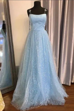Beautiful Sky Blue Tulle Star A Line Long Prom Dresses, Formal Dresses APP0754