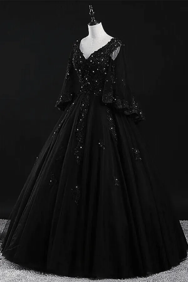 Beautiful Tulle with Lace Applique Beaded Sweet 16 Dress, V Neckline Long Formal Dress APP0864