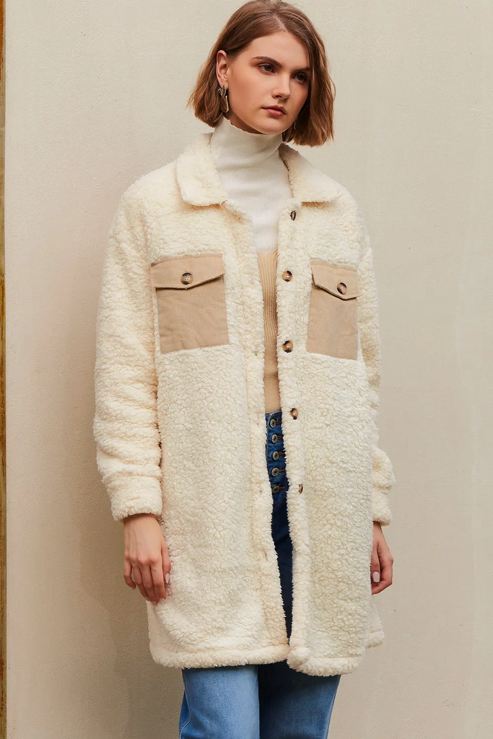 Beige Contrast Flap Pocket Single Breasted Teddy Coat