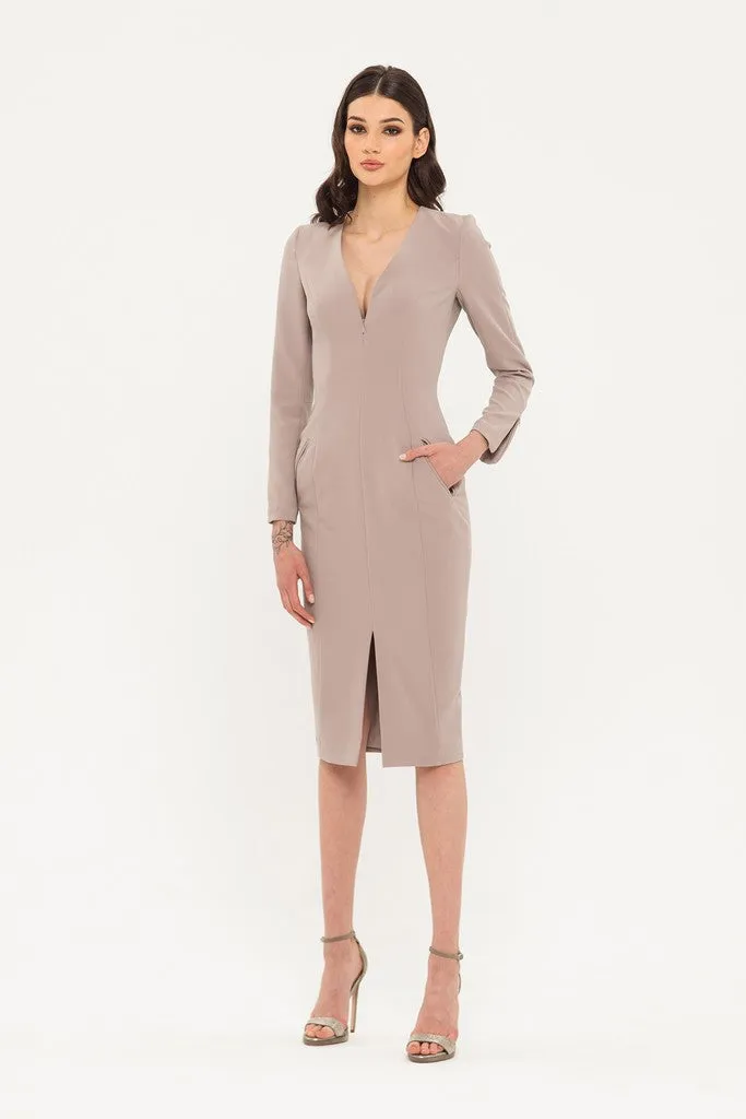 Beige Office Fitted V-neck 3/4 Sleeves Below Knee Dress with Pockets