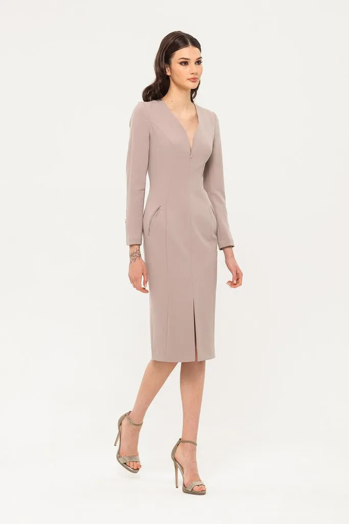 Beige Office Fitted V-neck 3/4 Sleeves Below Knee Dress with Pockets