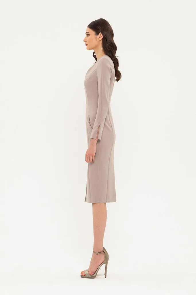 Beige Office Fitted V-neck 3/4 Sleeves Below Knee Dress with Pockets
