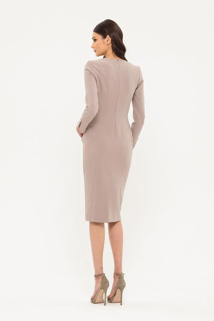 Beige Office Fitted V-neck 3/4 Sleeves Below Knee Dress with Pockets