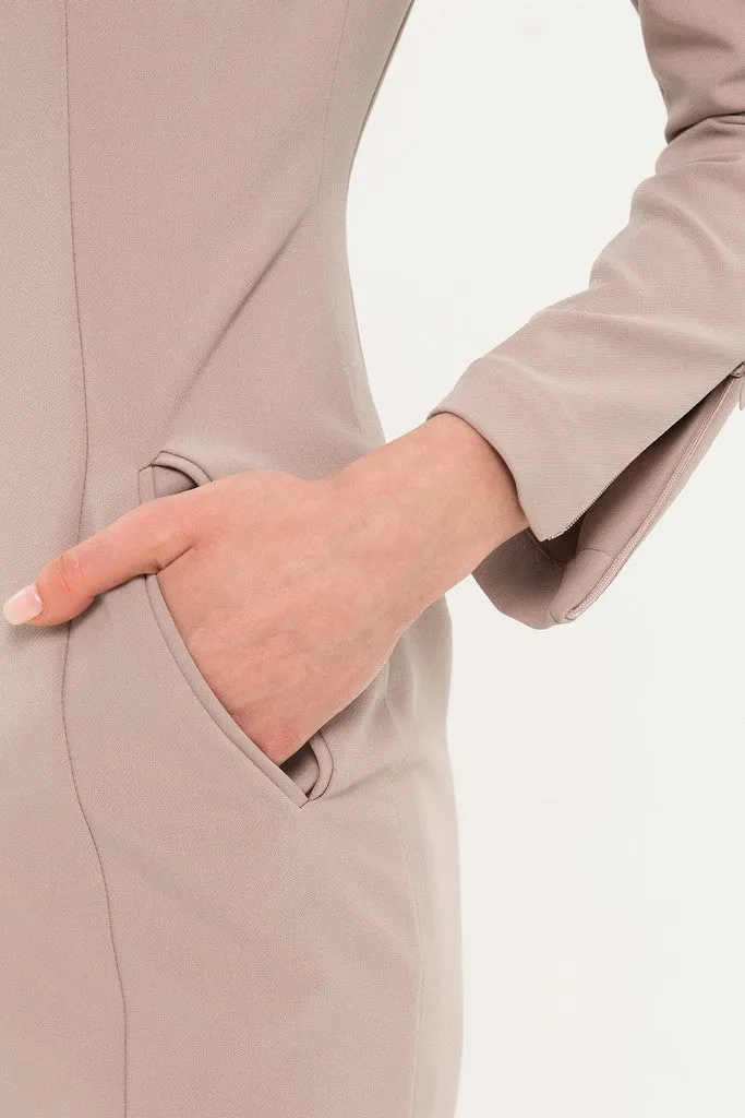 Beige Office Fitted V-neck 3/4 Sleeves Below Knee Dress with Pockets