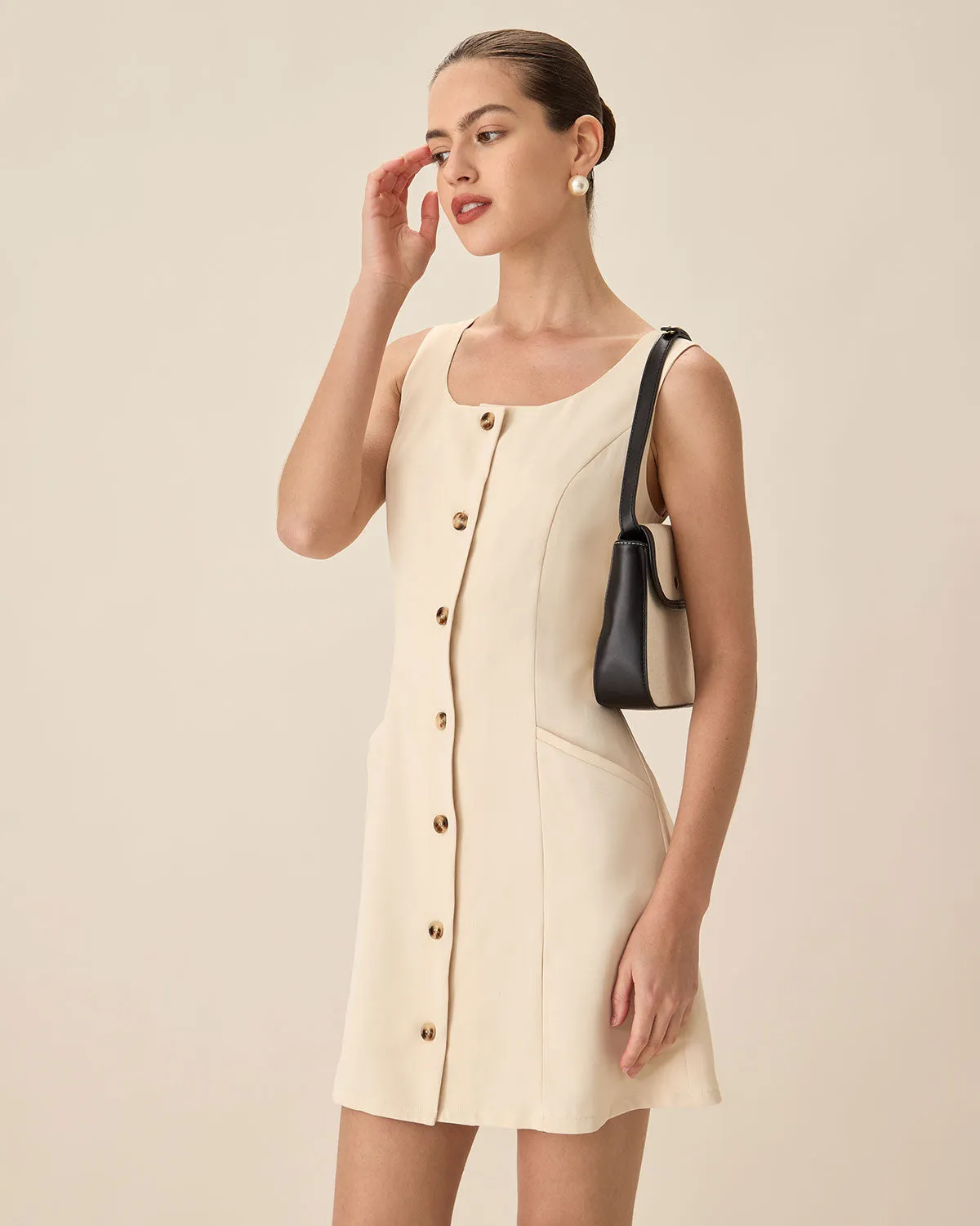 Beige U Neck Button Mini Dress