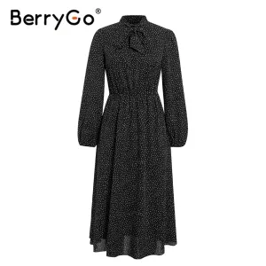BerryGo Polka dot black elegant dress women Lantern sleeve tie neck long dresses spring A-line office ladies party dress vestido