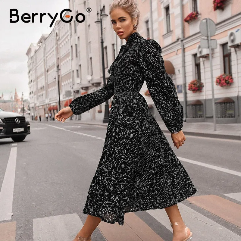 BerryGo Polka dot black elegant dress women Lantern sleeve tie neck long dresses spring A-line office ladies party dress vestido