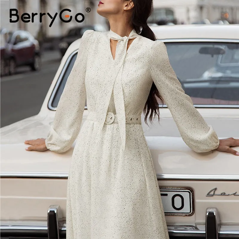 BerryGo Polka dot black elegant dress women Lantern sleeve tie neck long dresses spring A-line office ladies party dress vestido