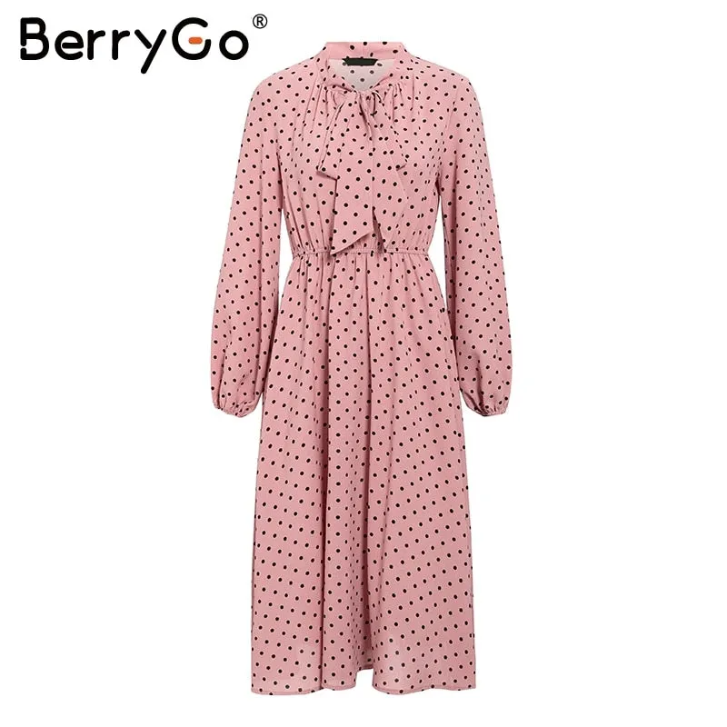 BerryGo Polka dot black elegant dress women Lantern sleeve tie neck long dresses spring A-line office ladies party dress vestido