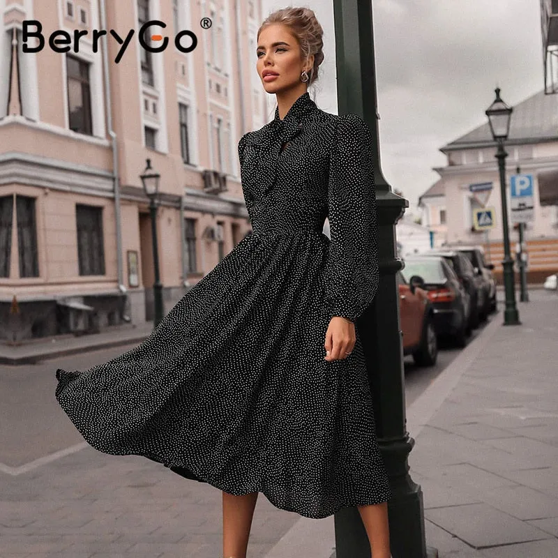 BerryGo Polka dot black elegant dress women Lantern sleeve tie neck long dresses spring A-line office ladies party dress vestido