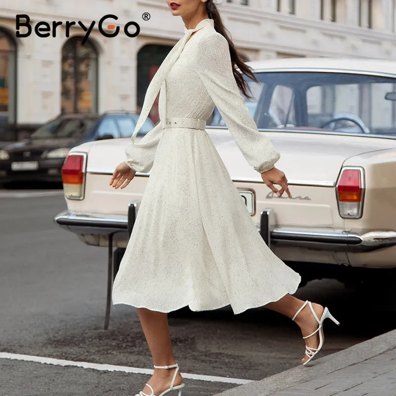 BerryGo Polka dot black elegant dress women Lantern sleeve tie neck long dresses spring A-line office ladies party dress vestido