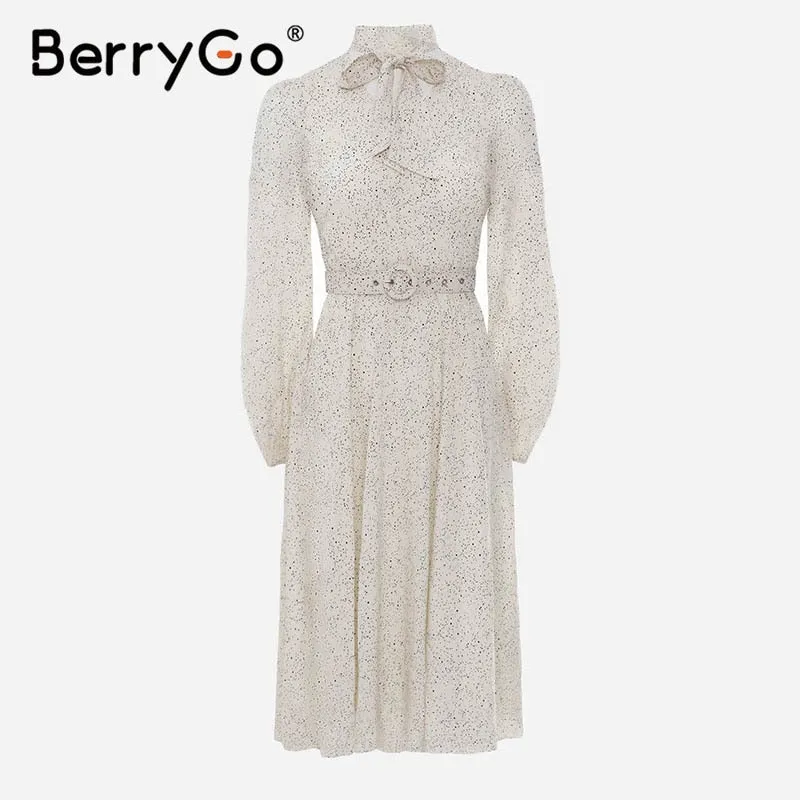 BerryGo Polka dot black elegant dress women Lantern sleeve tie neck long dresses spring A-line office ladies party dress vestido