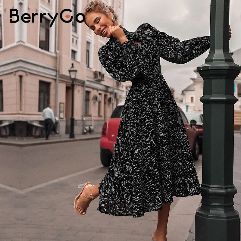 BerryGo Polka dot black elegant dress women Lantern sleeve tie neck long dresses spring A-line office ladies party dress vestido