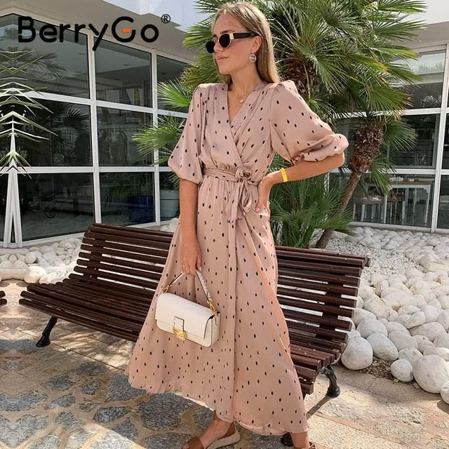 BerryGo Polka dot elegant women dress Long sleeve vintage green party dress V-neck sash streetwear wrap 2020 vestido work wear