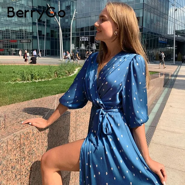 BerryGo Polka dot elegant women dress Long sleeve vintage green party dress V-neck sash streetwear wrap 2020 vestido work wear