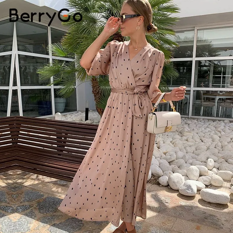 BerryGo Polka dot elegant women dress Long sleeve vintage green party dress V-neck sash streetwear wrap 2020 vestido work wear
