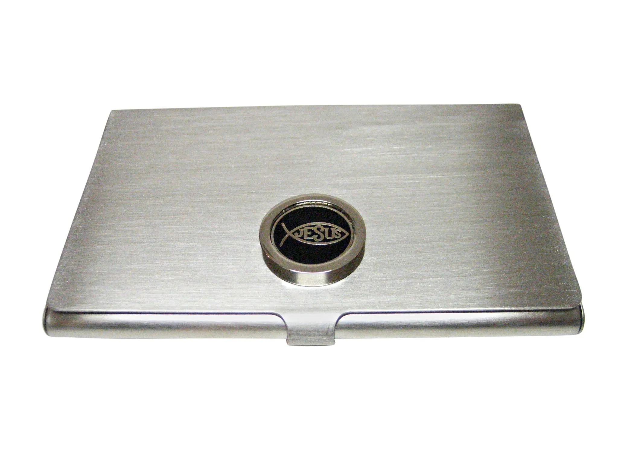 Black and Silver Toned Religious Ichthys Jesus Fish Business Card Holder