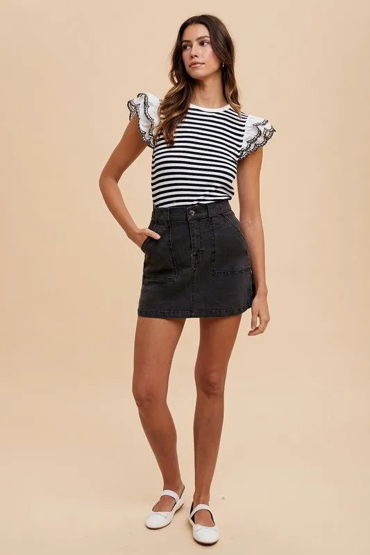 Black Cargo Denim Mini Skirt