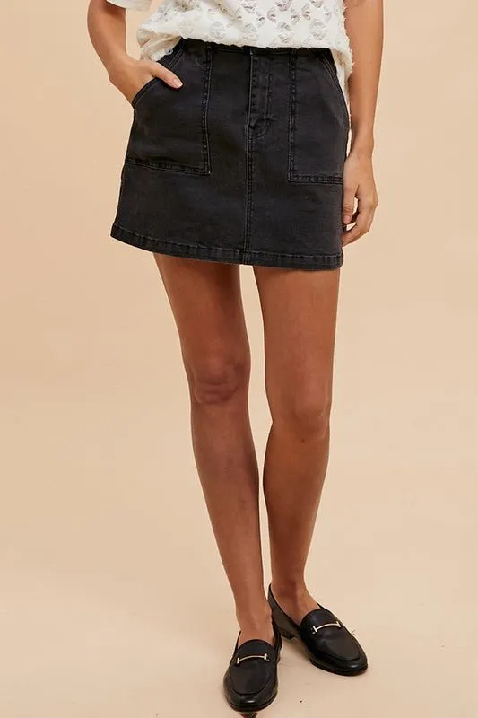 Black Cargo Denim Mini Skirt