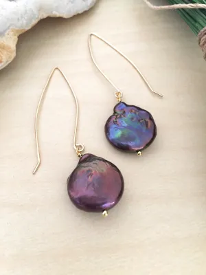 Black Freshwater Pearl Coin Earrings with Long Gold Fill ear wires