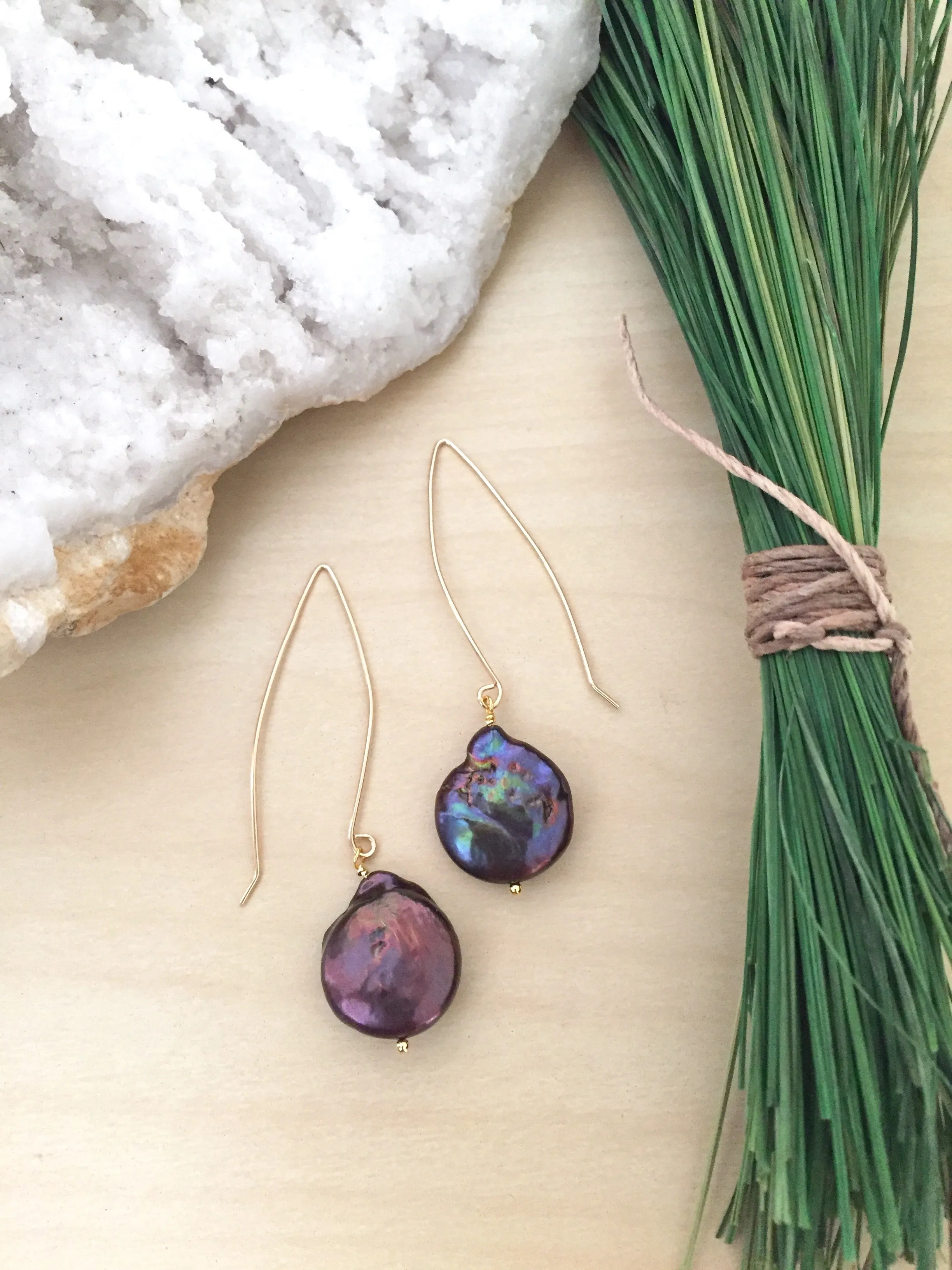 Black Freshwater Pearl Coin Earrings with Long Gold Fill ear wires