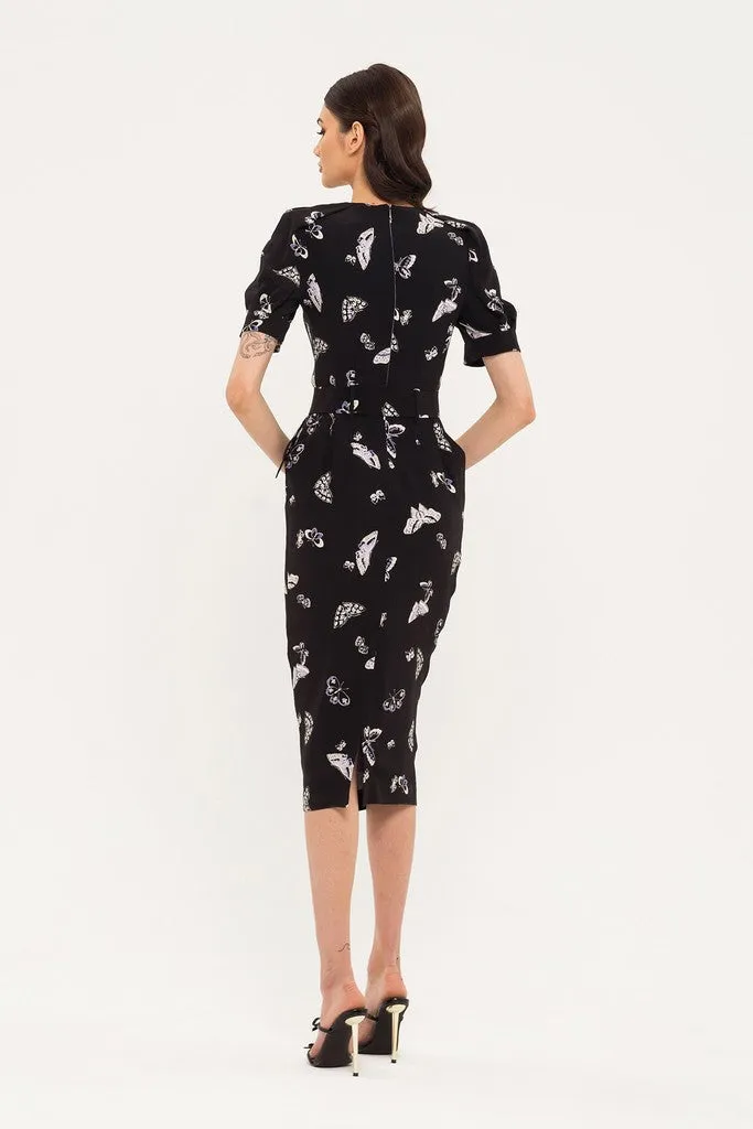 Black Office Bodycon Squareneck Short Sleeve Midi Dress with Pockets