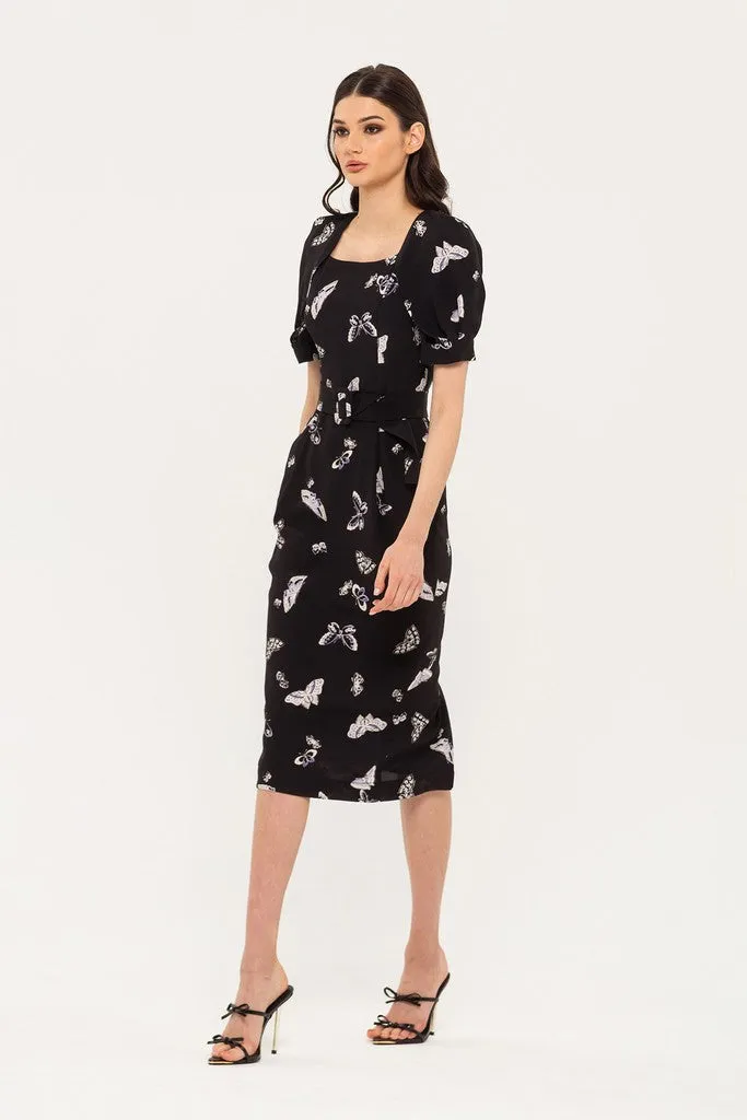 Black Office Bodycon Squareneck Short Sleeve Midi Dress with Pockets