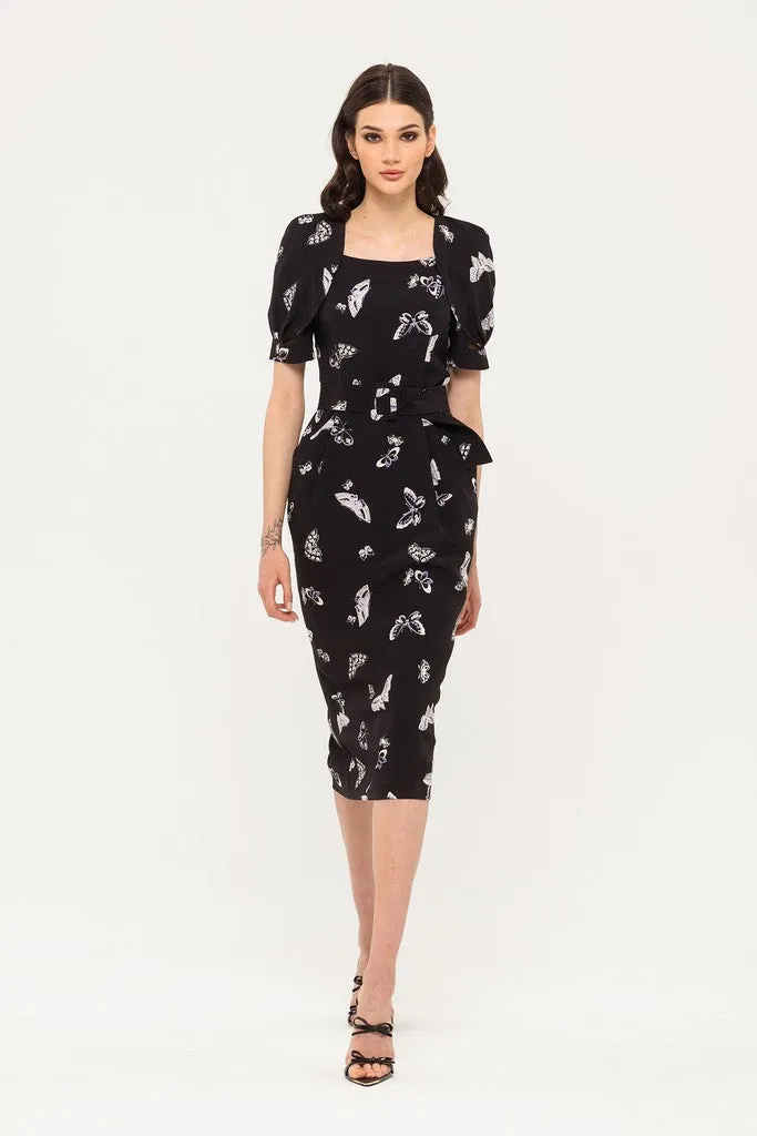 Black Office Bodycon Squareneck Short Sleeve Midi Dress with Pockets