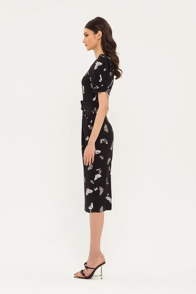 Black Office Bodycon Squareneck Short Sleeve Midi Dress with Pockets