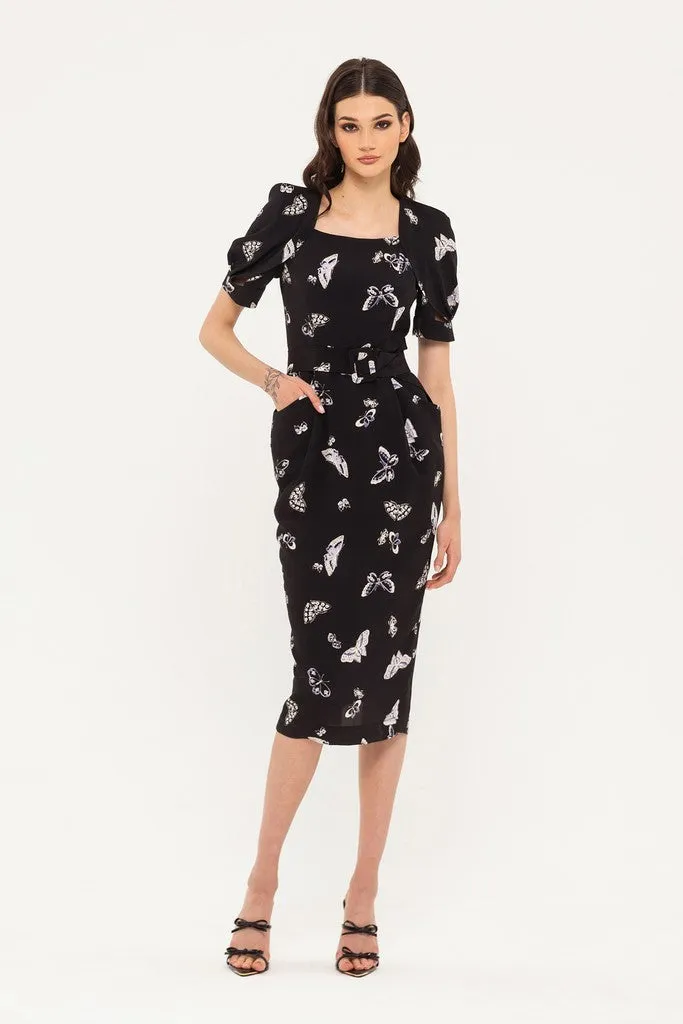 Black Office Bodycon Squareneck Short Sleeve Midi Dress with Pockets