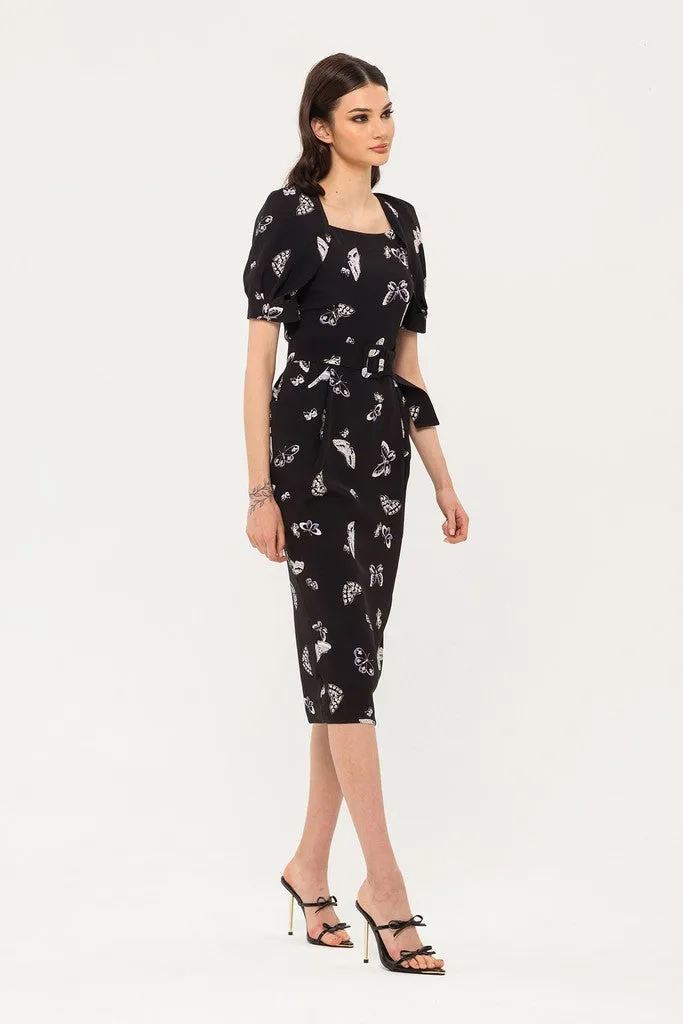Black Office Bodycon Squareneck Short Sleeve Midi Dress with Pockets