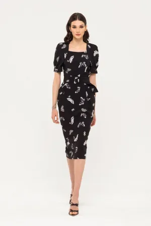 Black Office Bodycon Squareneck Short Sleeve Midi Dress with Pockets