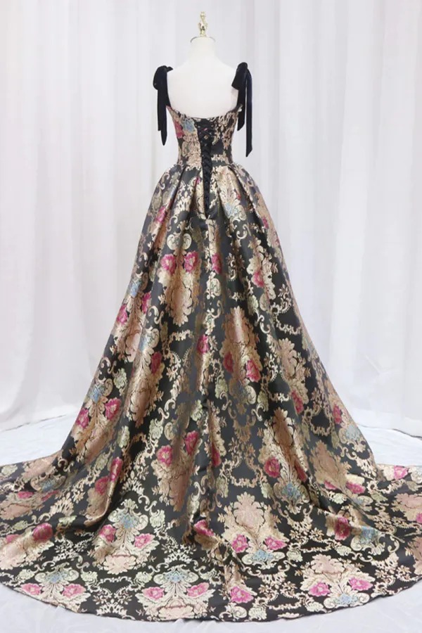 Black Satin Straps A Line Floral Long Formal Dress, Black Evening Dress APP0906