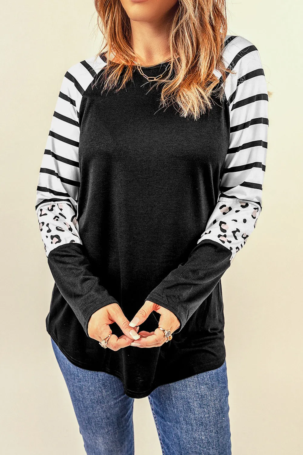 Black Striped Animal Print Colorblock Long Sleeve Top