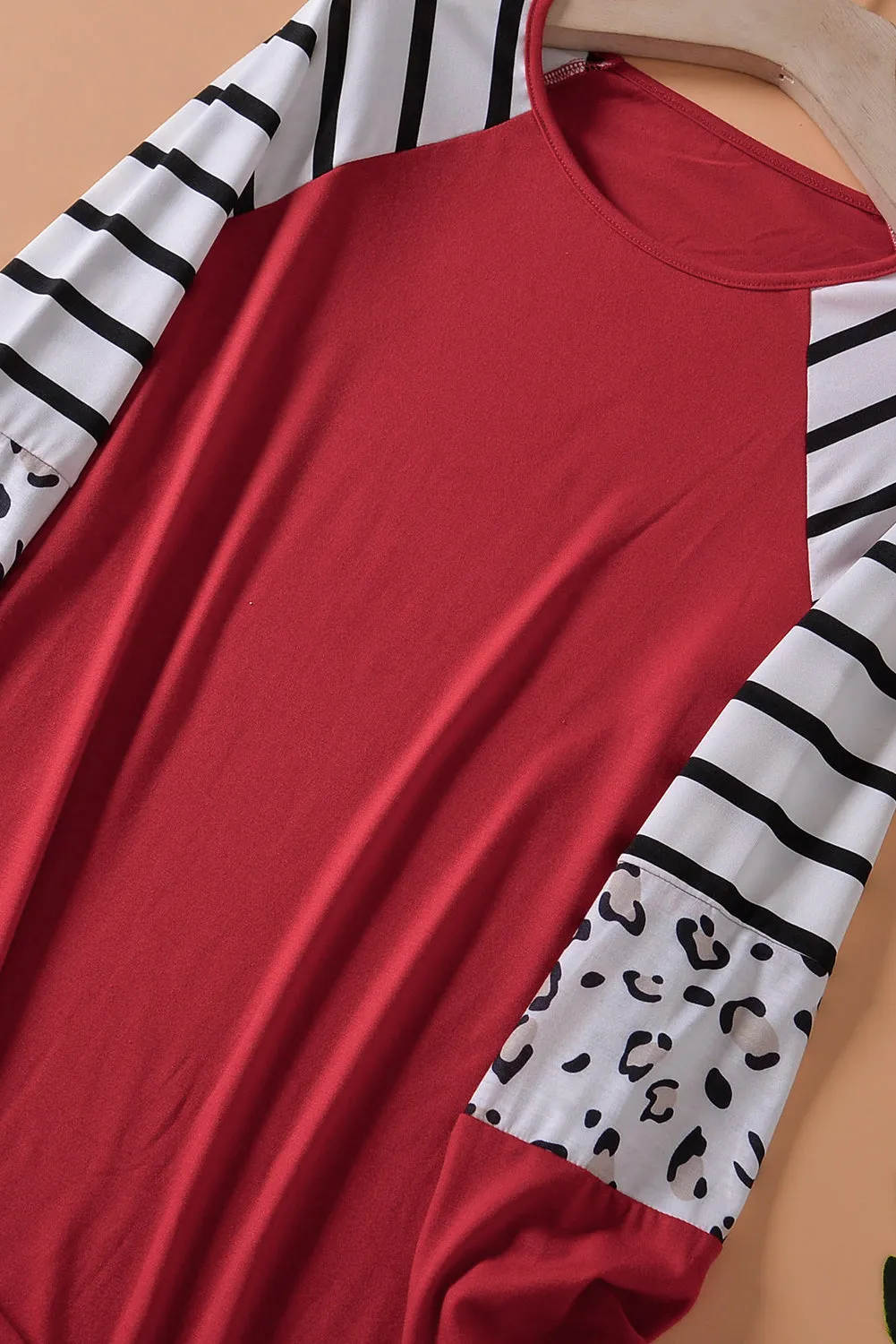 Black Striped Animal Print Colorblock Long Sleeve Top